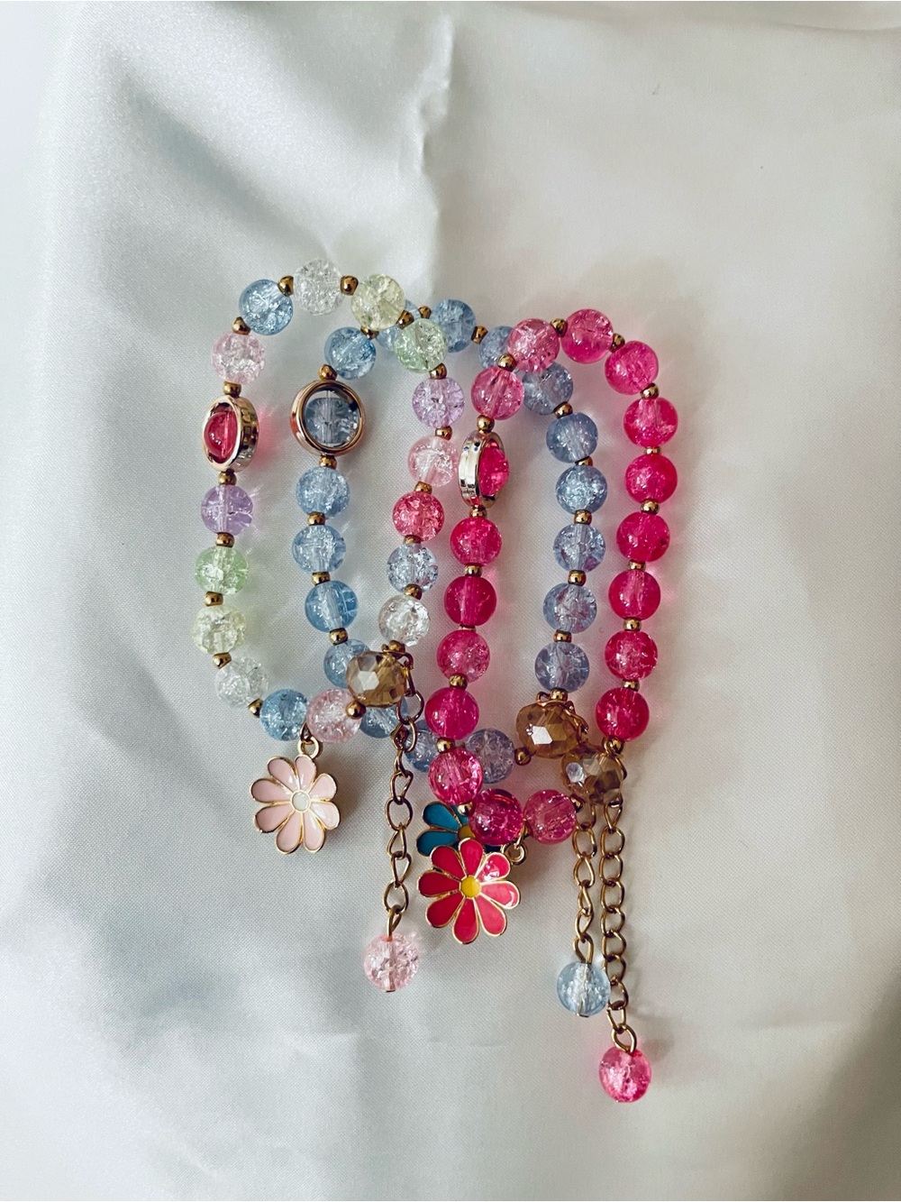 Flower Charm Beaded Bracelet - Pink & Multi Color
